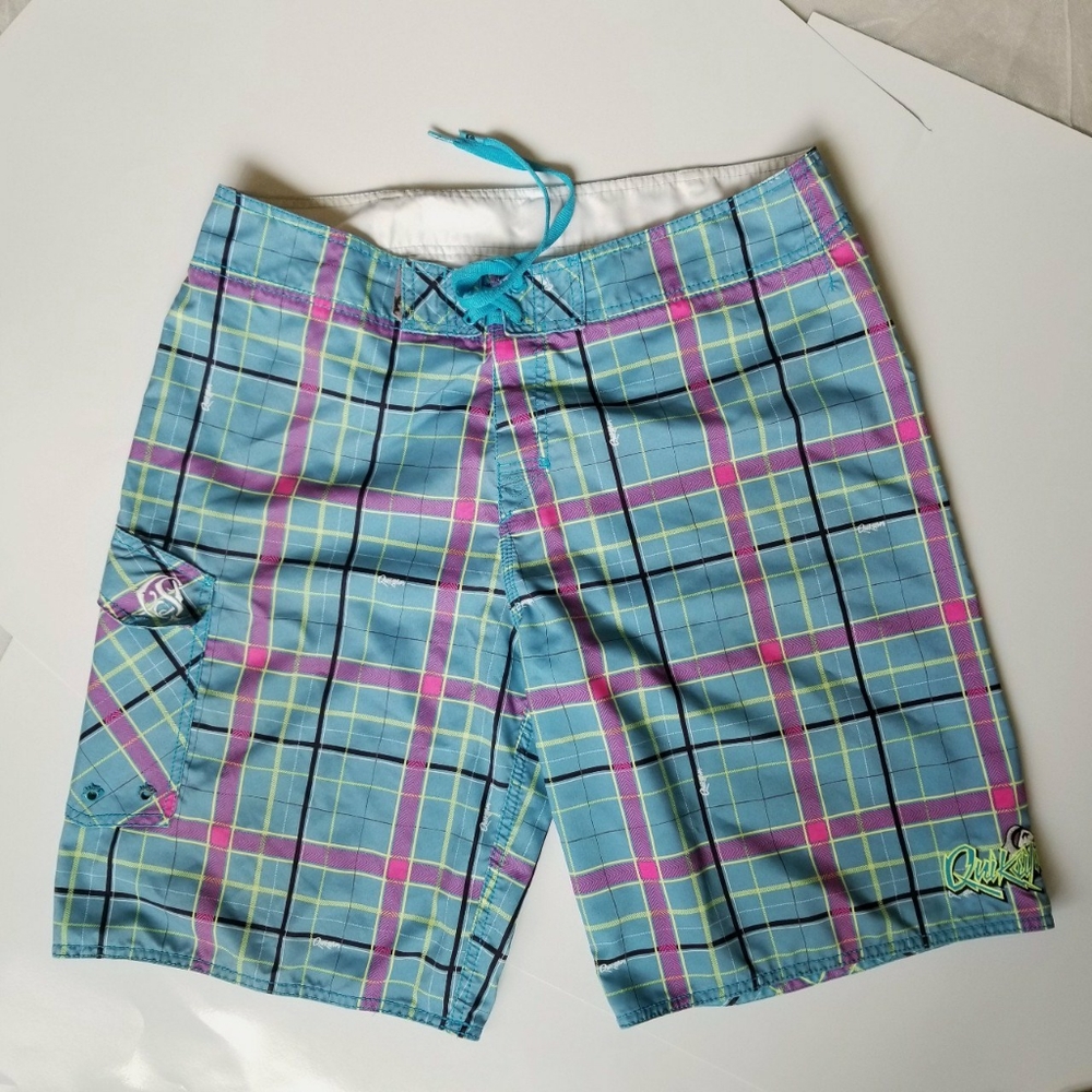 Quicksilver turquoise/purple plaid swim/beach/surf